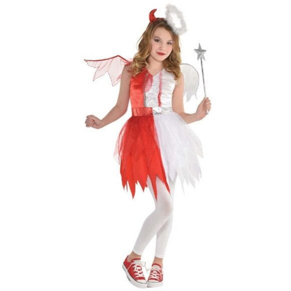 Girls Devil Angel Costume Good Bad Naughty Nice Halloween Dress Tutu Wings 4-6 - Picture 2 of 5